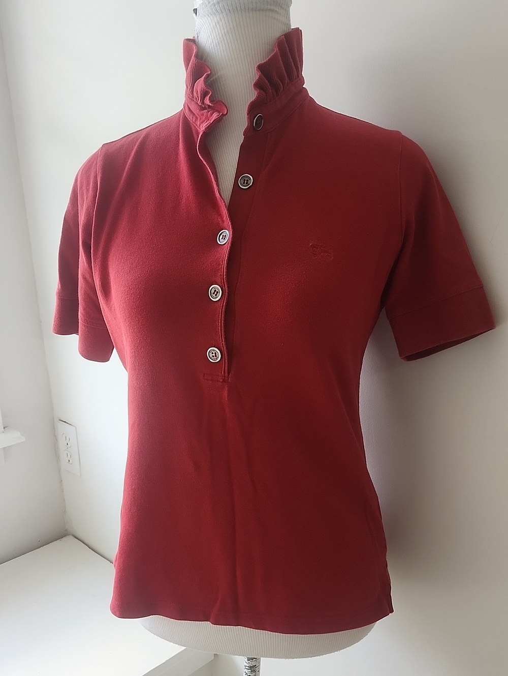 Burberry Polo shirt Red Stand Up Ruffle Collar Cotton Medium